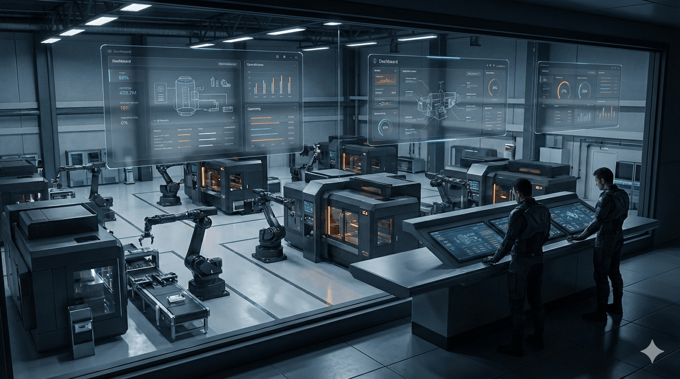 Modern Factory Floor with UI Overlay